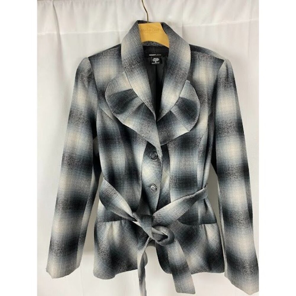 Robert Lewis Blue Gray Plaid Ruffled Belted ‎ Jacket Women's Medium.
